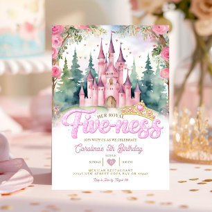 Pink Glitter Her Royal Five-ness Castle Birthday Invitation