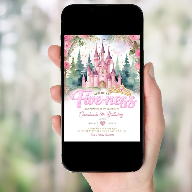 Pink Glitter Her Royal Five-ness Castle Birthday Invitation (Front Digital)