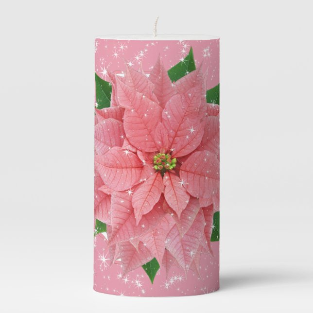 Pink Glitter Holiday Poinsettia Sparkle Pillar Candle (Front)