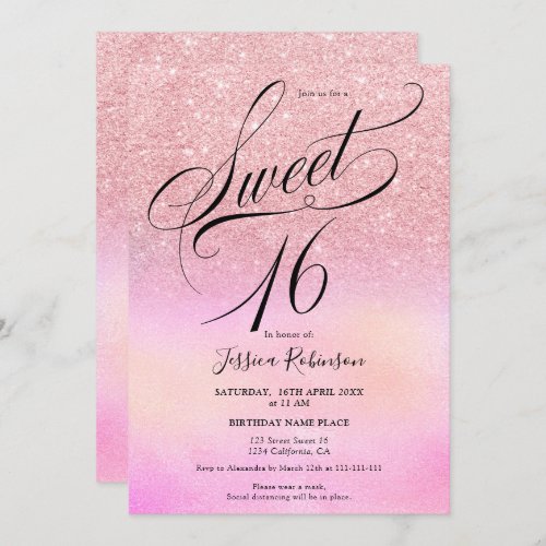 pink glitter holographic script chic Sweet 16 Invitation