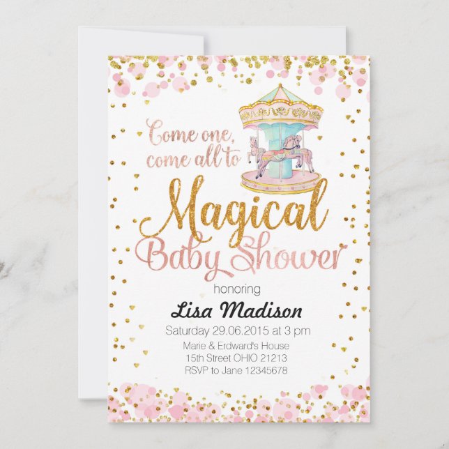 Pink Glitter Horse Carousel Baby Shower Invitation (Front)