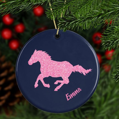 Pink Glitter Horse Little Girl Animal Christmas Ceramic Ornament