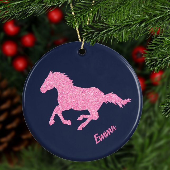Pink Glitter Horse Little Girl Animal Christmas Ceramic Ornament (Creator Uploaded)