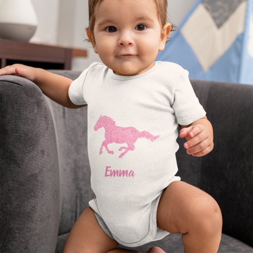 Pink Glitter Horse Little Girl First Name Animal Baby Bodysuit