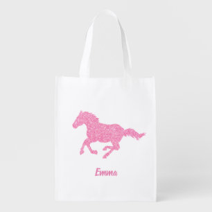 Pink Glitter Horse Little Girl First Name Animal Grocery Bag