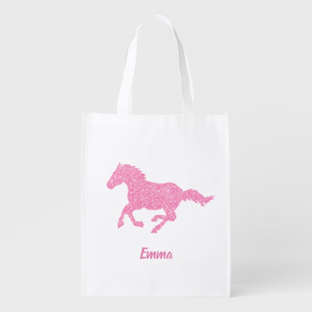 Pink Glitter Horse Little Girl First Name Animal Grocery Bag (Front)