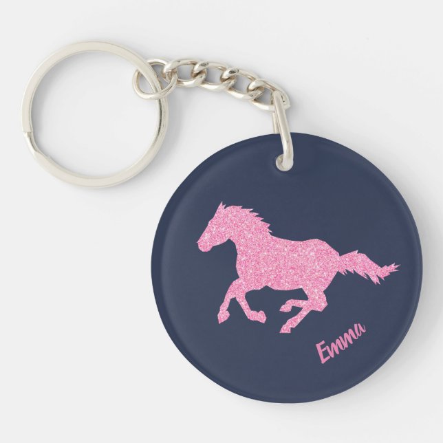 Pink Glitter Horse Little Girl First Name Animal Keychain (Front)