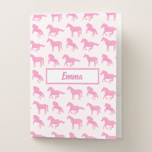 Pink Glitter Horse Little Girl First Name School Pocket Folder