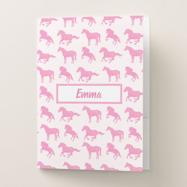 Pink Glitter Horse Little Girl First Name School Pocket Folder (Front)