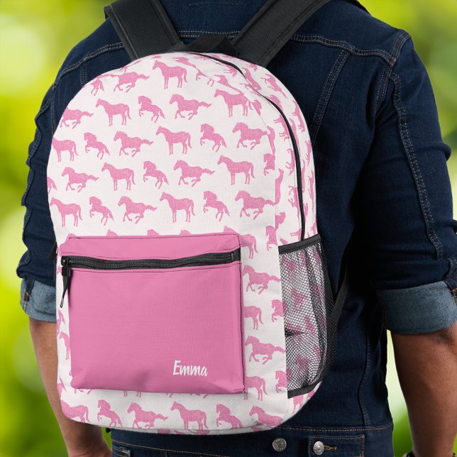 Pink Glitter Horse Little Girl First Name School Printed Backpack (Creator Uploaded)