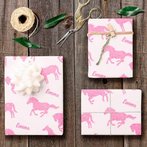 Pink Glitter Horse Pattern Girl Name Birthday Wrapping Paper Sheets