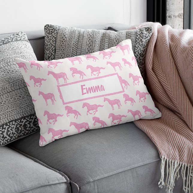 Pink Glitter Horse Pattern Little Girl First Name Accent Pillow (Creator Uploaded)