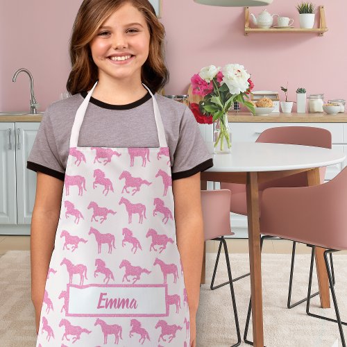 Pink Glitter Horse Pattern Little Girl First Name Apron