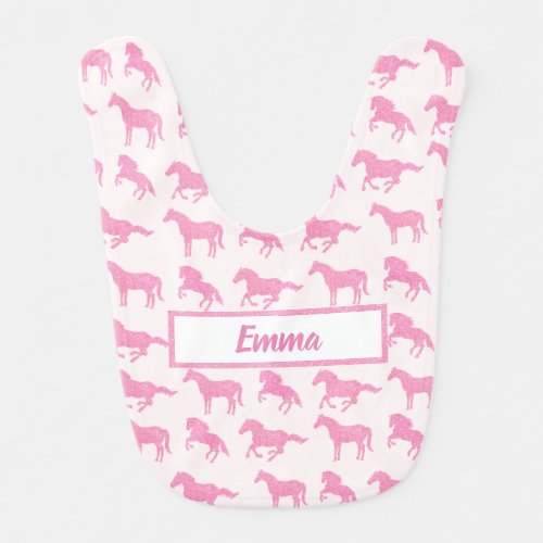 Pink Glitter Horse Pattern Little Girl First Name Baby Bib
