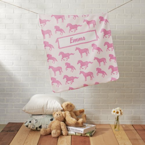 Pink Glitter Horse Pattern Little Girl First Name Baby Blanket