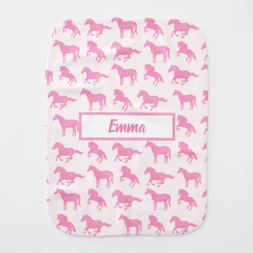 Pink Glitter Horse Pattern Little Girl First Name Baby Burp Cloth