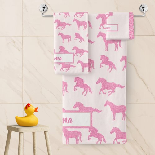 Pink Glitter Horse Pattern Little Girl First Name Bath Towel Set