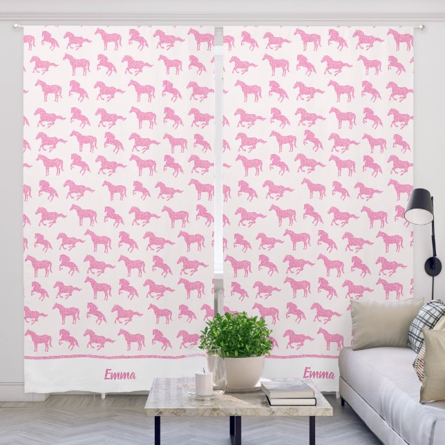Pink Glitter Horse Pattern Little Girl First Name Blackout Curtains (Living Room)
