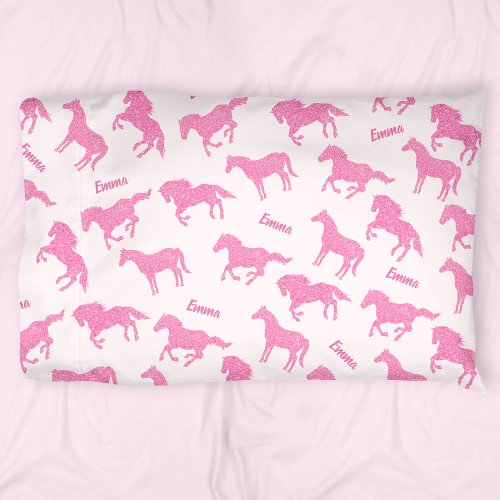 Pink Glitter Horse Pattern Little Girl First Name Pillow Case