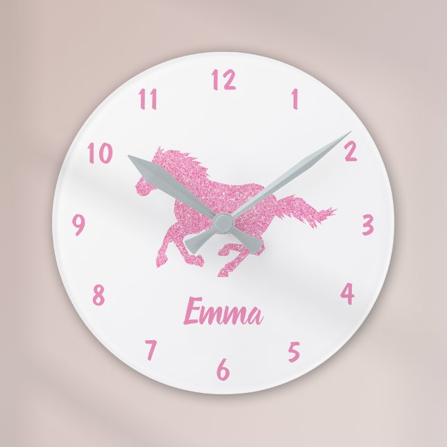 Pink Glitter Horse Pattern Little Girl First Name Round Clock (Creator Uploaded)