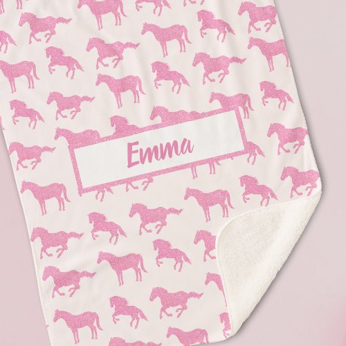 Pink Glitter Horse Pattern Little Girl First Name Sherpa Blanket