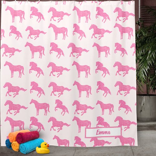 Pink Glitter Horse Pattern Little Girl First Name Shower Curtain