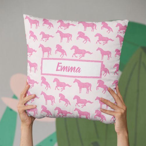 Pink Glitter Horse Pattern Little Girl First Name Throw Pillow