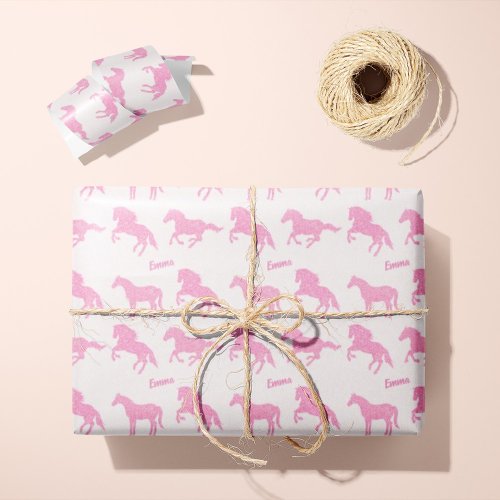 Pink Glitter Horse Pattern Little Girl First Name Wrapping Paper