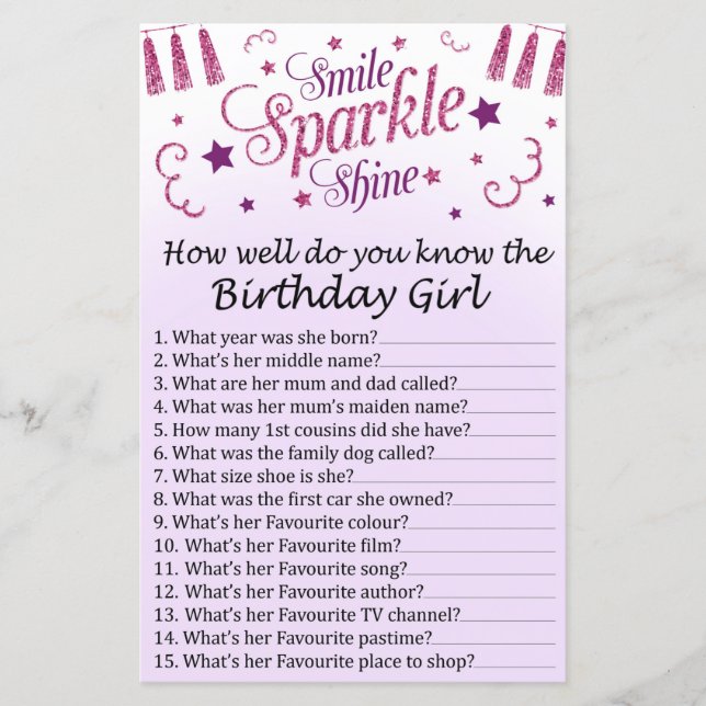 Pink glitter How well do you know the birthday gir (Front)