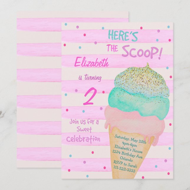 Pink Glitter Ice Cream Birthday Invitation (Front/Back)