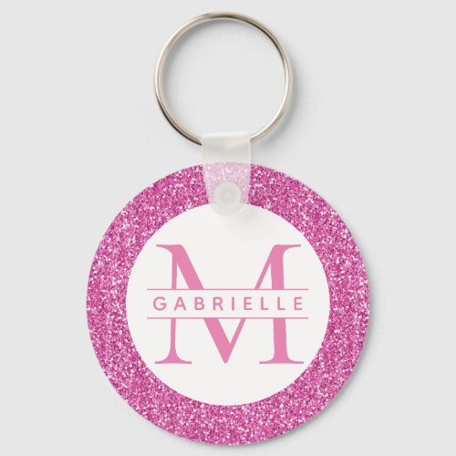 Pink Glitter Initial Monogram Custom Name Keychain