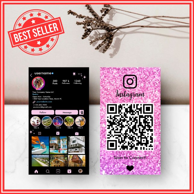 Pink Glitter Instagram  LUXURY QR Code Business Card (Creator Uploaded)