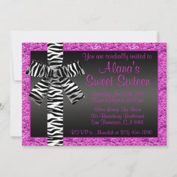 Pink Glitter Invite With Zebra Print Bow by TreasureTheMoments at Zazzle