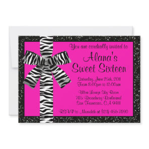 Pink Glitter Invite With Zebra Print Bow