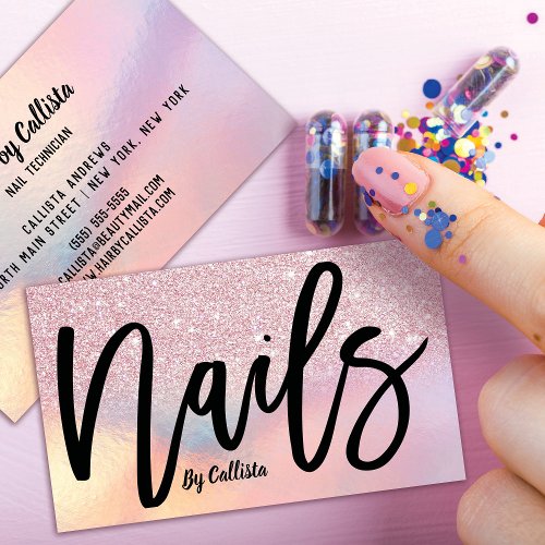 Pink Glitter Iridescent Nail Tech Business Card