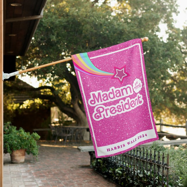 Pink Glitter Kamala Madam President House Flag (In SItu)