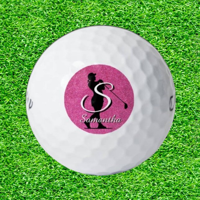 Pink Glitter Lady Golfer Monogram  Golf Balls (Pink Glitter Lady Golfer Monogram Golf Balls)