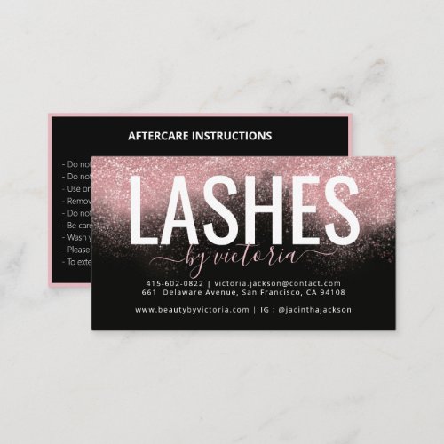 Pink Glitter Lashes Aftercare Instructions Black Business Card