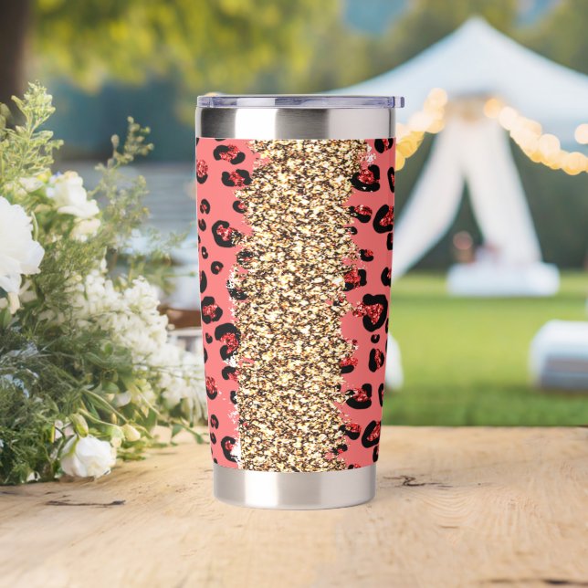 Pink Glitter Leopard Gold Stripe Insulated Tumbler (Wedding)