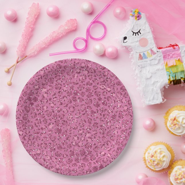 Pink Glitter Leopard Paper Plates (Party)