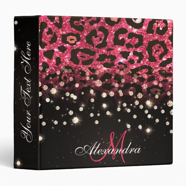 Pink Glitter Leopard Print and Diamonds 3 Ring Binder (Front/Spine)