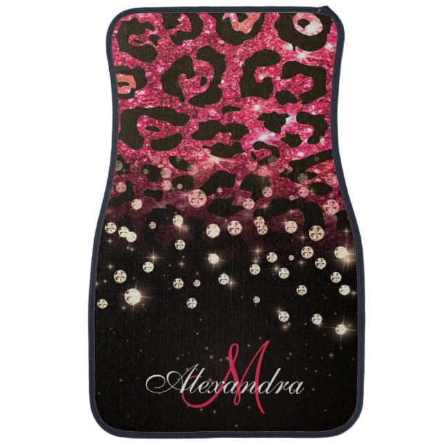 Pink Glitter Leopard Print and Diamonds Car Floor Mat (Front)
