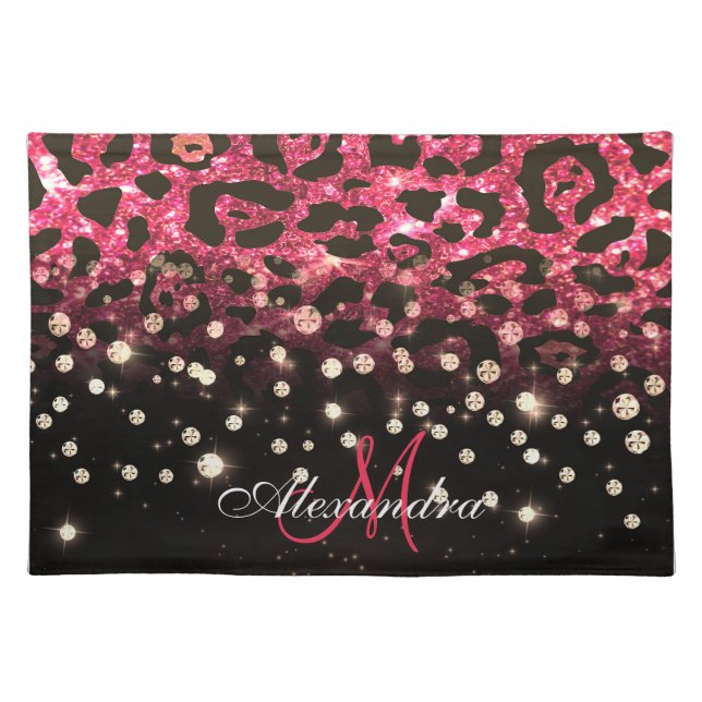 Pink Glitter Leopard Print and Diamonds Cloth Placemat (Front)