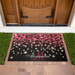 Pink Glitter Leopard Print and Diamonds Doormat