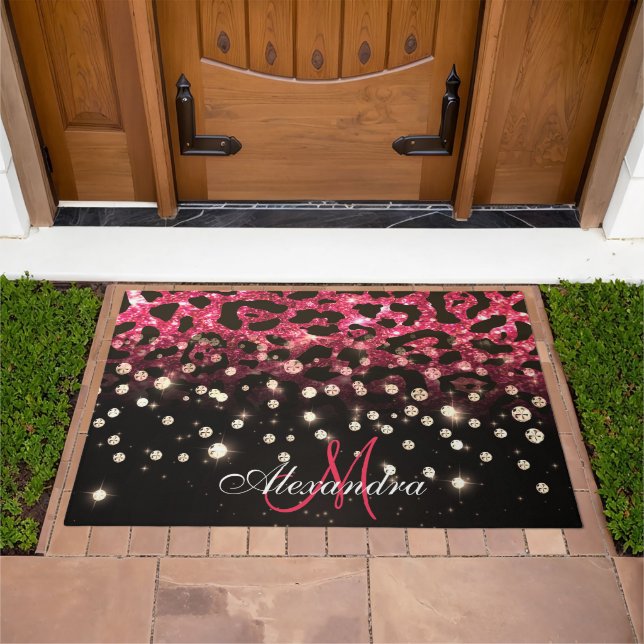 Pink Glitter Leopard Print and Diamonds Doormat (Outdoor)