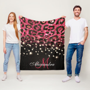 Pink Glitter Leopard Print and Diamonds Fleece Blanket