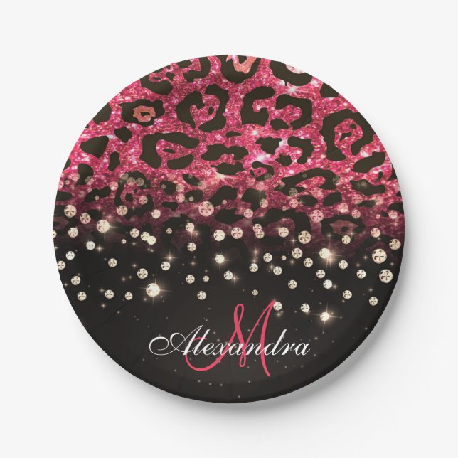 Pink Glitter Leopard Print and Diamonds Paper Plates (Front)