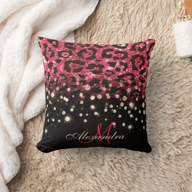 Pink Glitter Leopard Print and Diamonds Throw Pillow (Blanket)