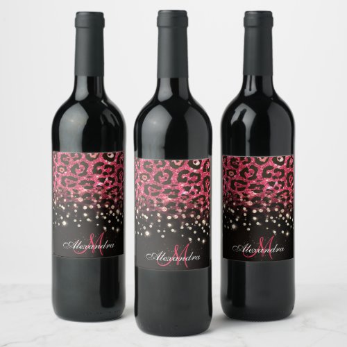 Pink Glitter Leopard Print and Diamonds Wine Label