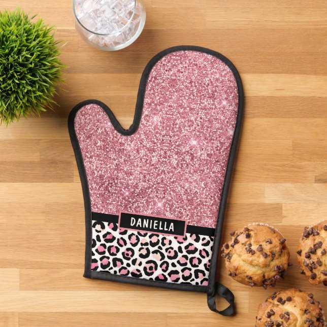 Pink Glitter Leopard Print Shimmer Personalized Oven Mitt (Top down)